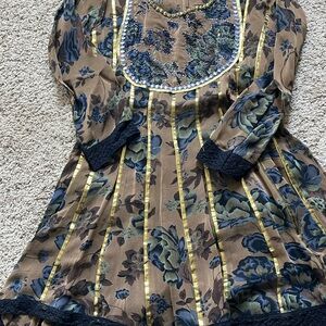 Blue Embellished with beads and gold trim, 3/4 Sleeve Blouse with Bib Collar